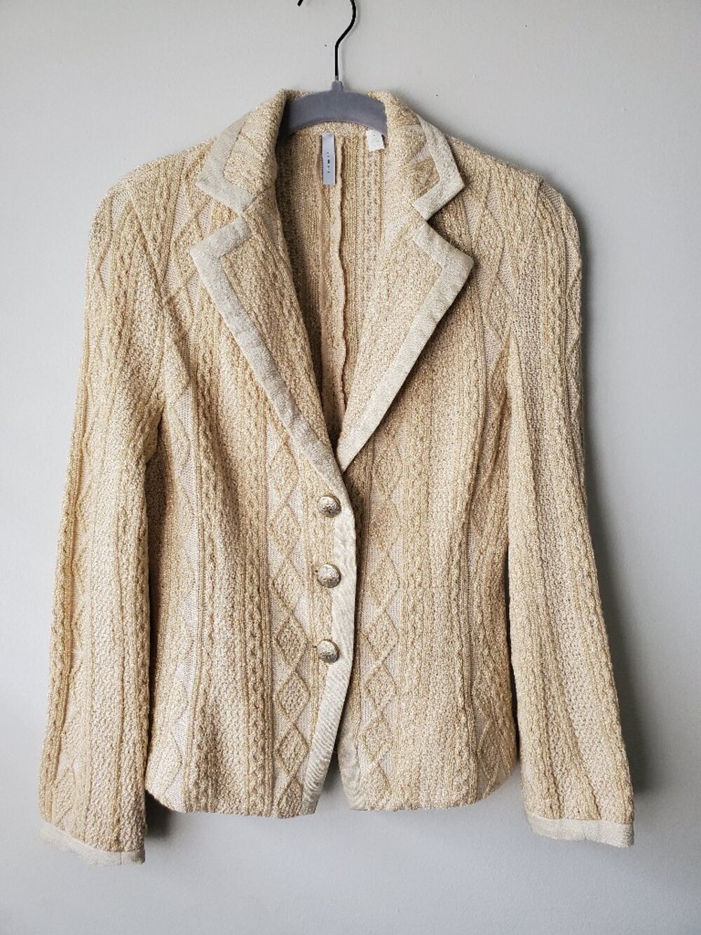 NEW IISLI Gold Metallic Cable Knit Tailored Blazer Sweater Jacket Size 4